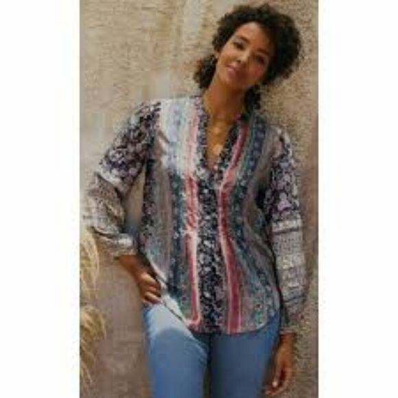 Soft Surroundings Milarepa Silk Puff Long Sleeve Floral Button Front Blouse Sz L - Picture 11 of 11